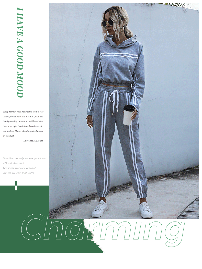 Ensemble à rayures à capuche pour femmes taille haute décontracté sport pull à capuche pantalon ensemble deux pièces_voghion.com