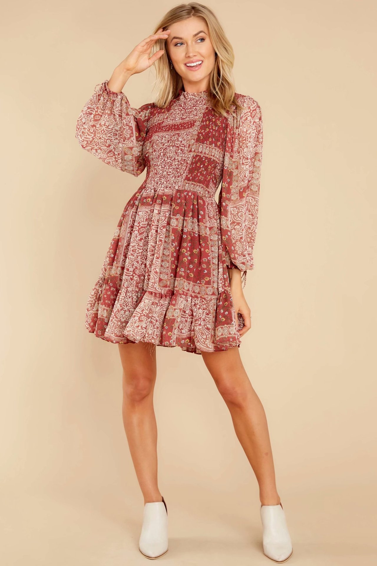 imitation bow tie cuffs print dress  NSAM17559