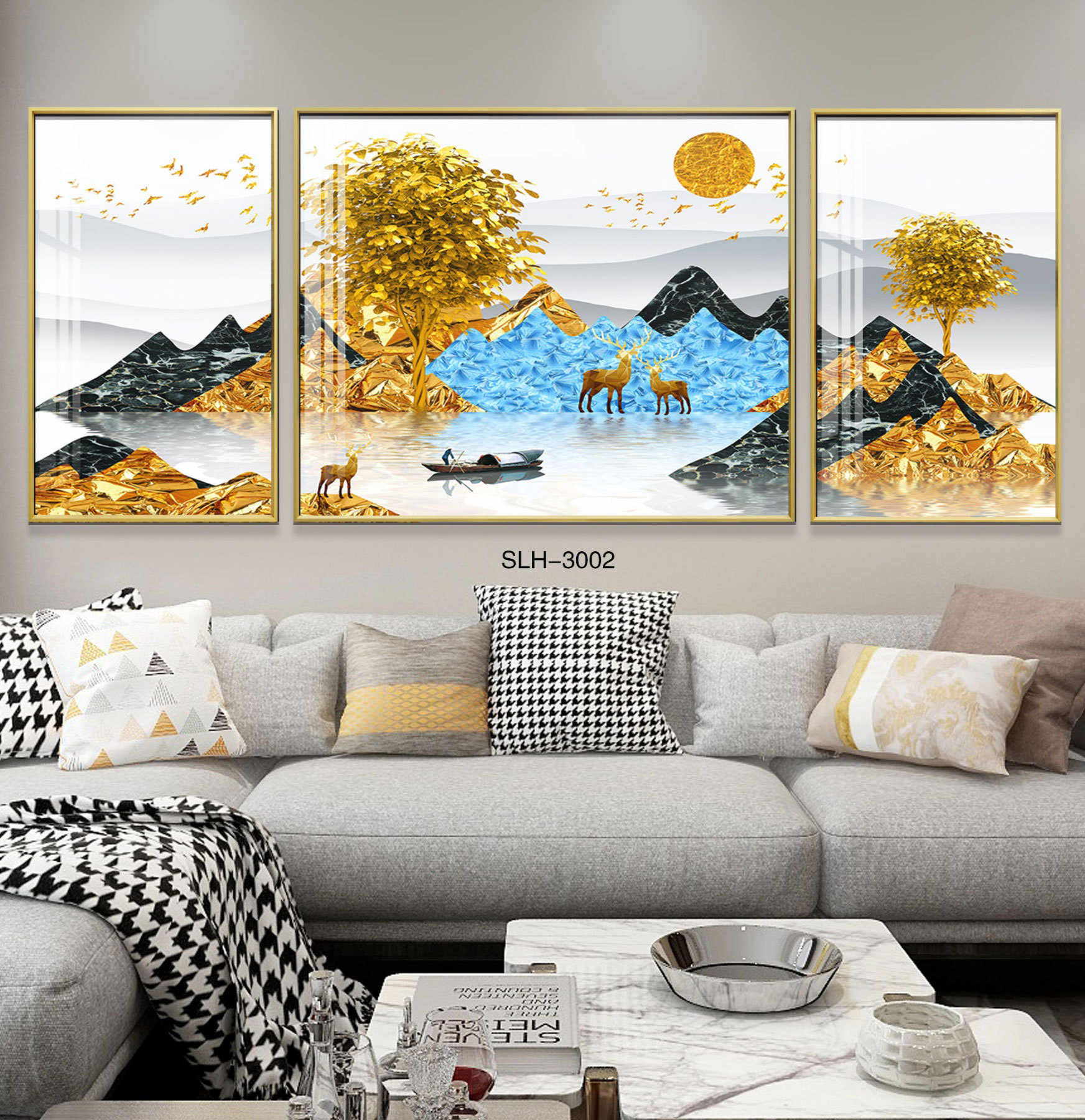 定制家居客厅挂画三联卧室沙发玄关喷绘画批发抽象山水轻奢晶瓷画|ms