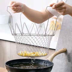 304 stainless steel deep fryer basket for home use, suitable for french fries and chicken wings, extendable and foldable round filter screen with drainage and dripping basket