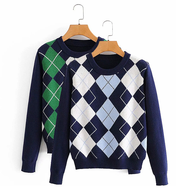 contrast color plaid round neck sweater  NSLD15608