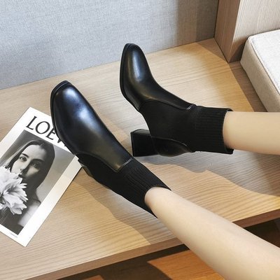 弹力针织袜子靴女2020秋季新款韩版气质高跟短靴方头粗跟瘦瘦靴子