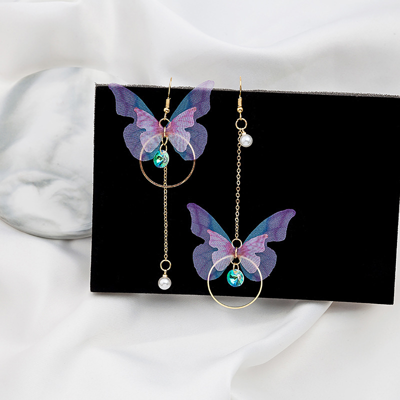Sweet Butterfly Polyester Fabric Alloy Inlay Artificial Pearls Rhinestones Women's Earrings 1 Pair display picture 2