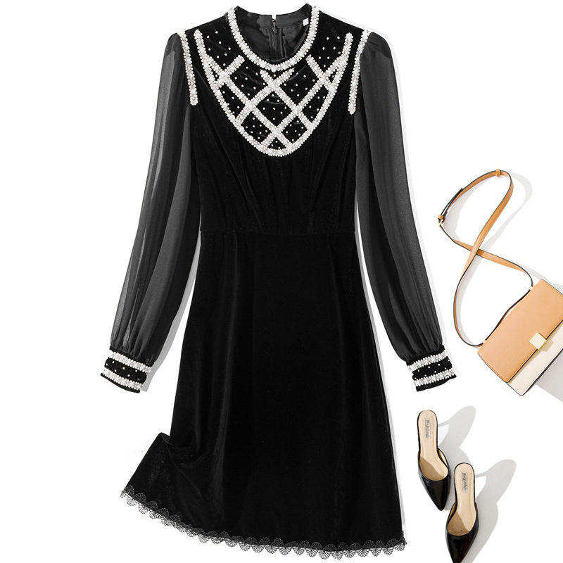 L5820 2020秋冬新款圆领时尚镶嵌锆石拼接网纱袖丝绒长袖连衣裙