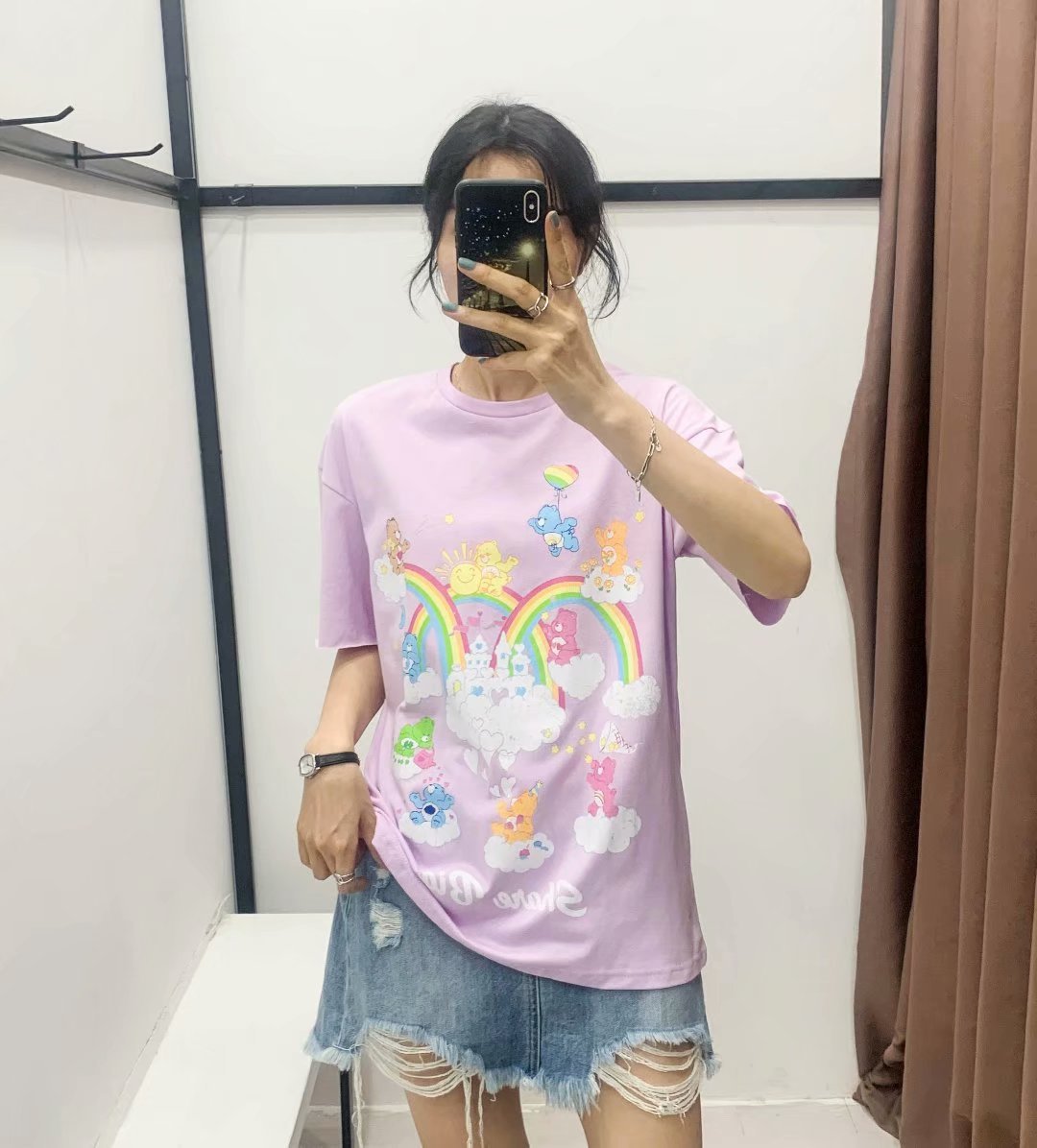 loose purple pink love cartoon bear print short-sleeved T-shirt  NSAM10800