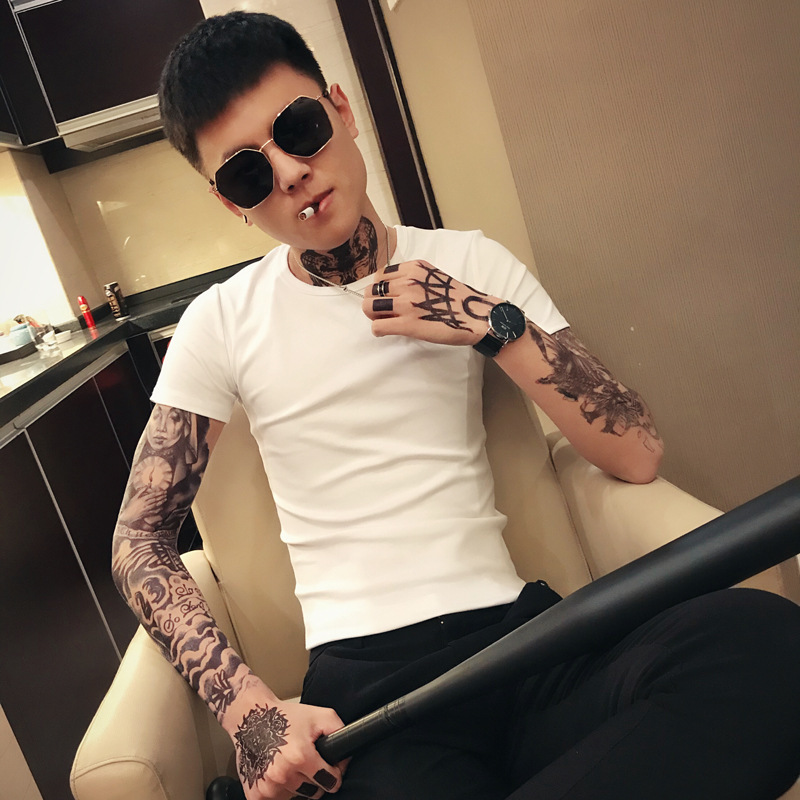 Summer Men's Social Spirit Young Men's Short-sleeved T-shirt T-shirt T-shirt Black and White T-shirt Solid Color Tight Clothes Base Shirt Half-sleeved