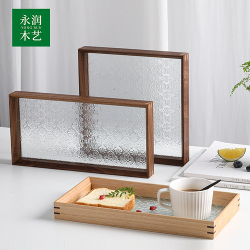 [Factory Direct Sales] Retro Hydrangea Glass Wooden Tray Tabletop Decorative Item Incense Tea Sea Storage Tea Plate 