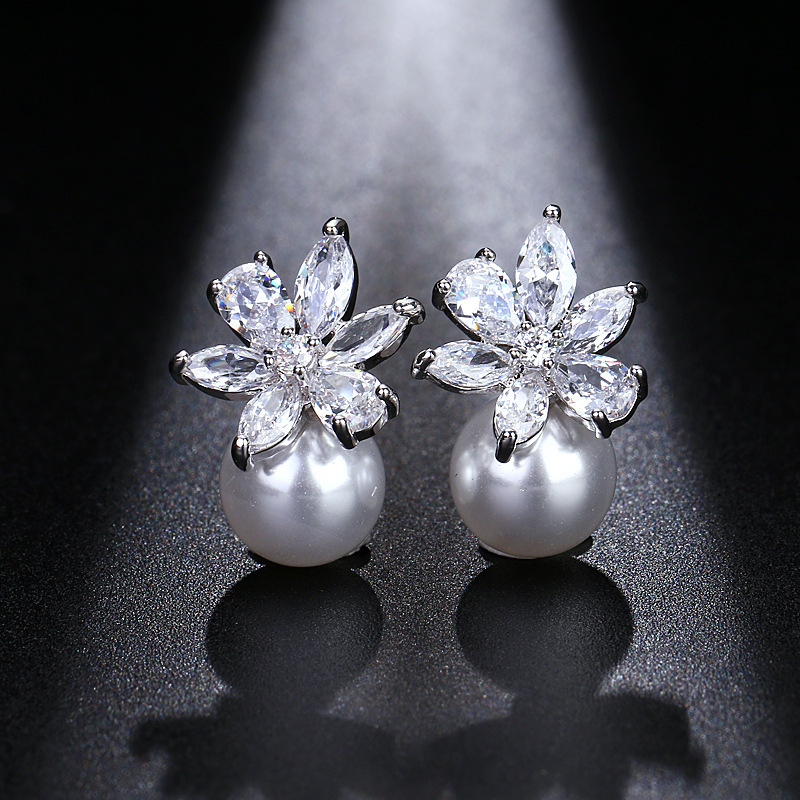 Earrings zircon earrings flower pearl ea...