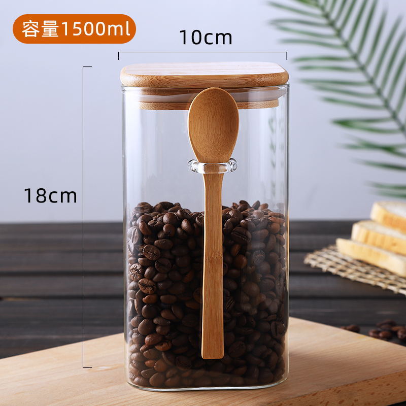 Tarro de almacenamiento sellado de vidrio grande cuadrado de estilo japonés con cuchara de madera caja de condimento tarro de café en grano tarro de té de leche en polvo para el hogar