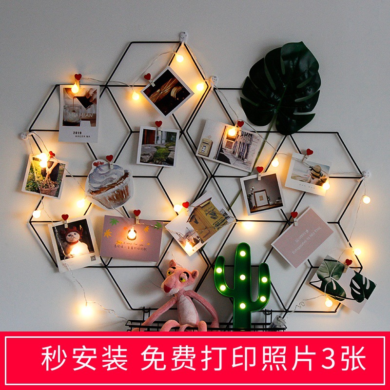 ins grid Photo wall Net Red bedroom dormitory dorm Room arrangement decorate Hemp rope Clamp Photo frame Wall shelf
