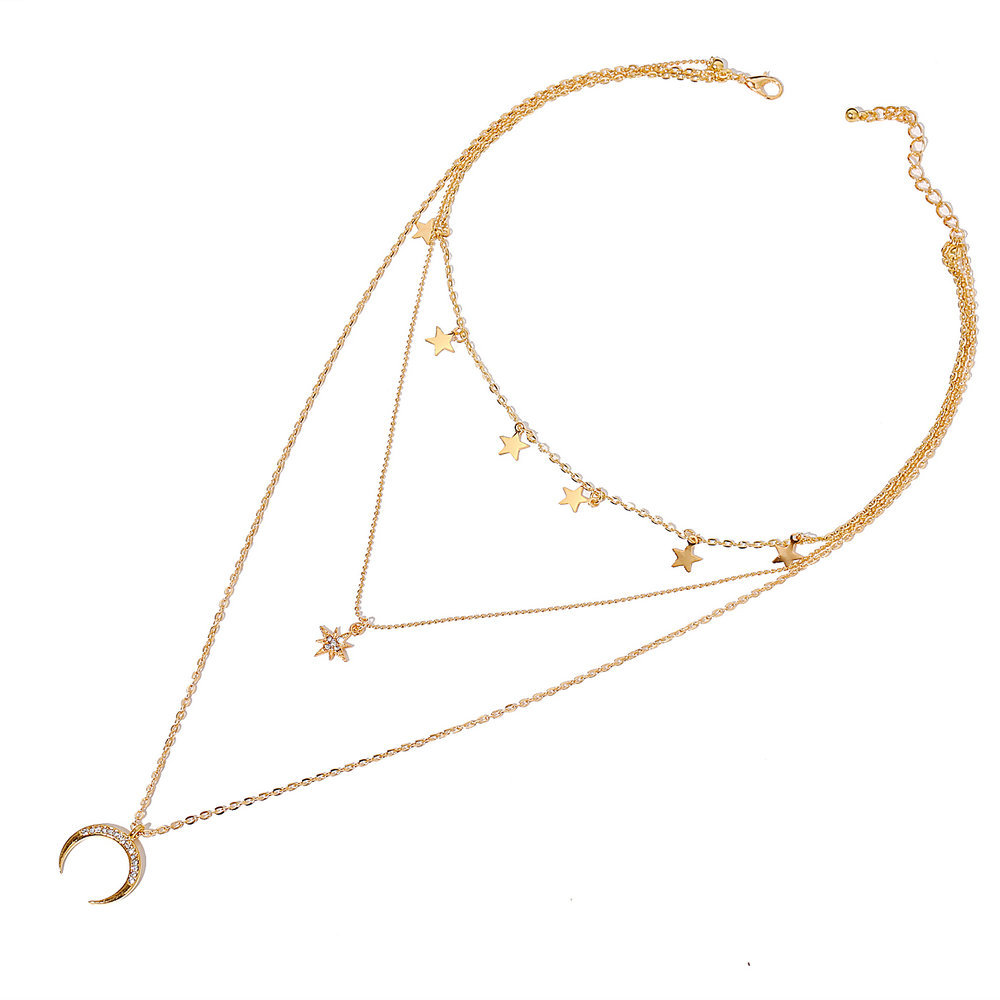 hot sale star crescent three-layer necklace creative retro simple alloy clavicle chain wholesale nih