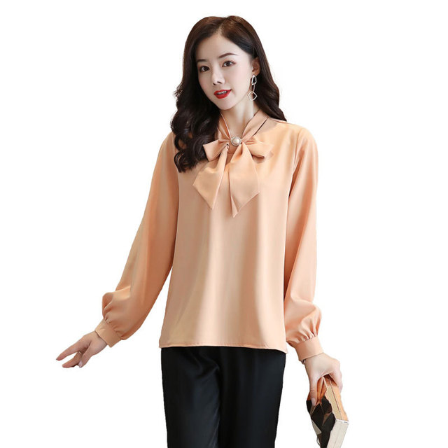 2020 spring new long sleeve slim temperament solid elegant bow collar professional ol shirt