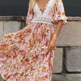 速卖通亚马逊欧美跨境外贸夏季新款波西米亚风蕾丝花边印花连衣裙