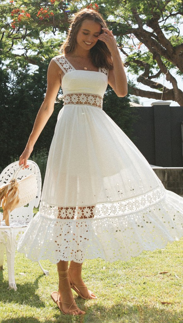 Long  Lace Stitching Big Swing Bohemian White Beach Dress - Bohemian White Beach Dress - Uniqistic.com