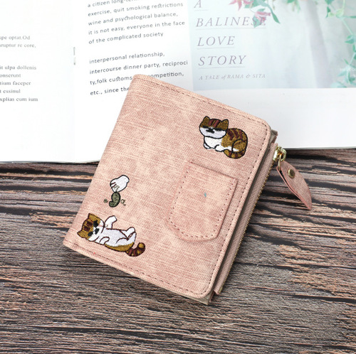Jeans style wallet cat embroidered canvas pattern large capacity buckle can hold mobile phone pocket decoration women's bag