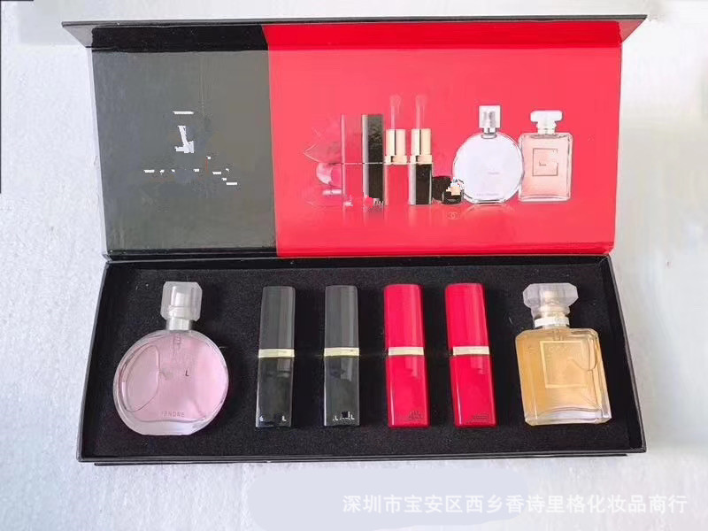 外貿彩妝香水口紅六件套禮盒套裝4支口紅兩瓶香水6件套套盒