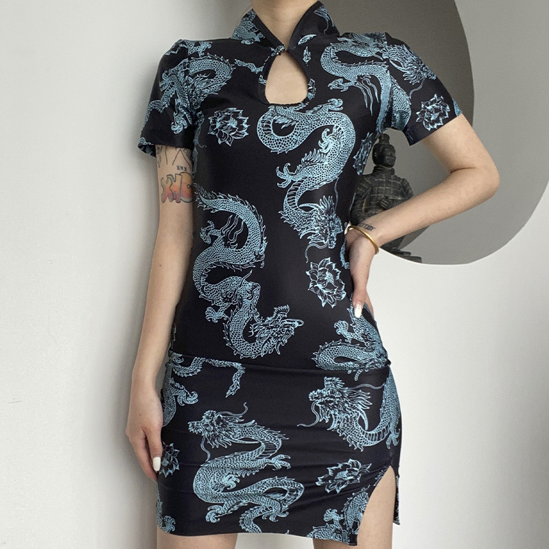 retro dragon print collar short-sleeved split cheongsam dress NSMEI54912