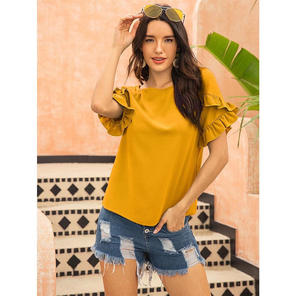 Pure Color Casual Loose Round Neck Ruffle Sleeve T-shirt NSSA39973