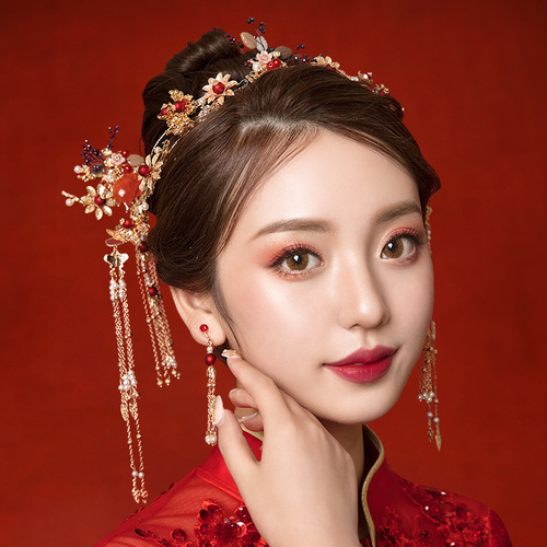 Xiuhe headdress bride Chinese style phoenix crown Xiuhe dress hair crown tassel hairpin jewelry wedding hair accessories women