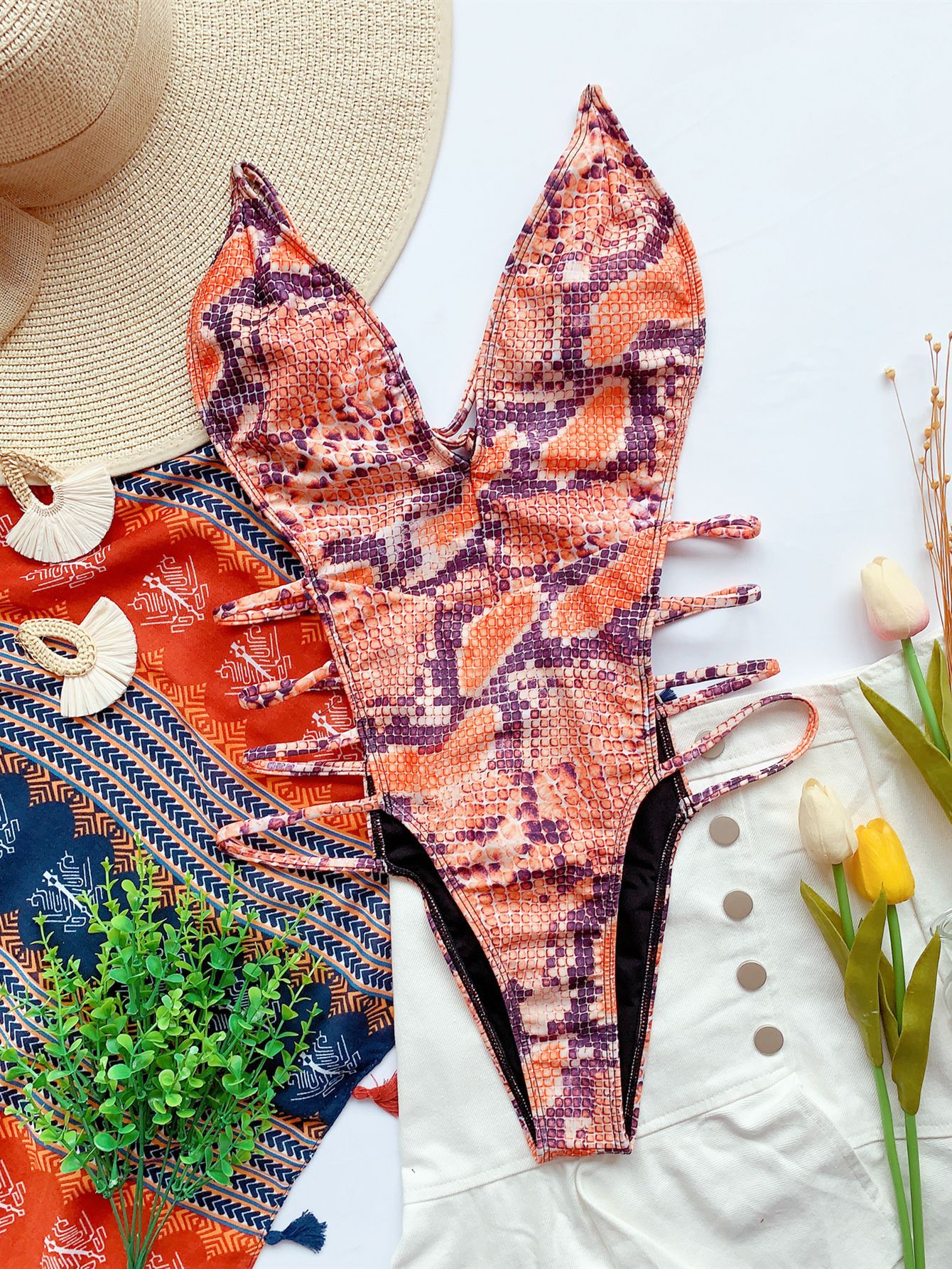 Snakeskin Print Halterneck DeepV Side Hollow One Piece Swimsuit Womens