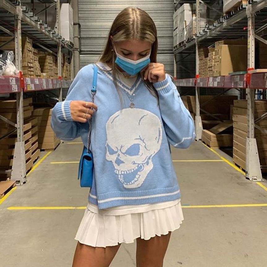 欧美新款2020秋冬学院风休闲V领骷髅头时尚宽松长袖针织毛衣代发