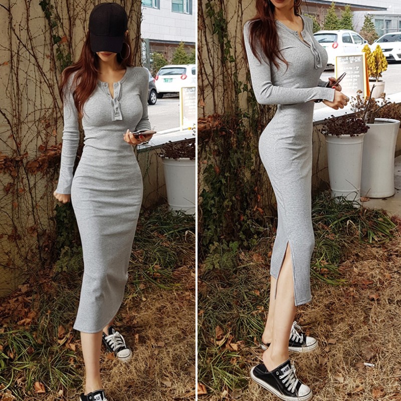 2025 Autumn/Winter Slim Fit Long Sleeve Cotton Dress for Women, Mid-Length, Bodycon, Slit, Over-The-Knee, Round Neck Base Dress 2025 Autumn/Winter Slim Fit Long Sleeve Cotton Dress for Women, Mid-Length, Bodycon, Slit, Over-The-Knee, Round Neck Base Dress