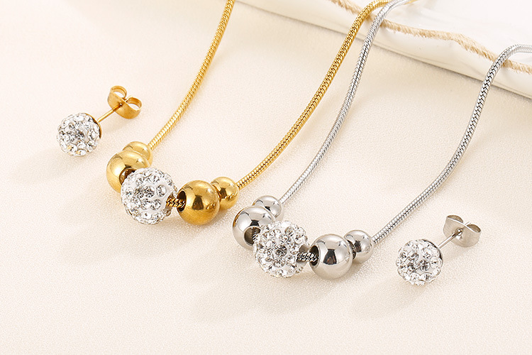 Korean temperament rhinestone small round bead necklace earring set stainless steel steel ball jewel