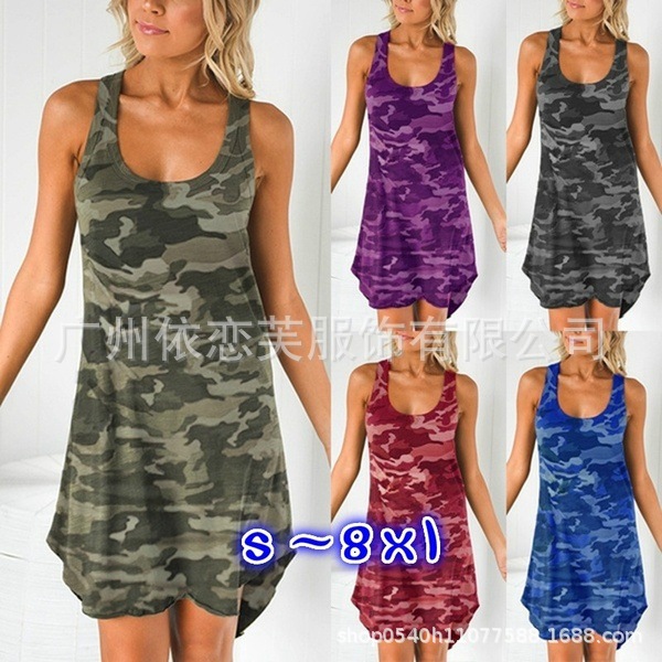 2020wish欧美夏季新款迷彩U领无袖连衣裙女式宽松短裙A字裙