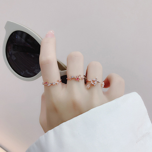 Korean version of the new micro-paved zircon small flower ring forest style sweet and elegant temperament open ring popular jewelry