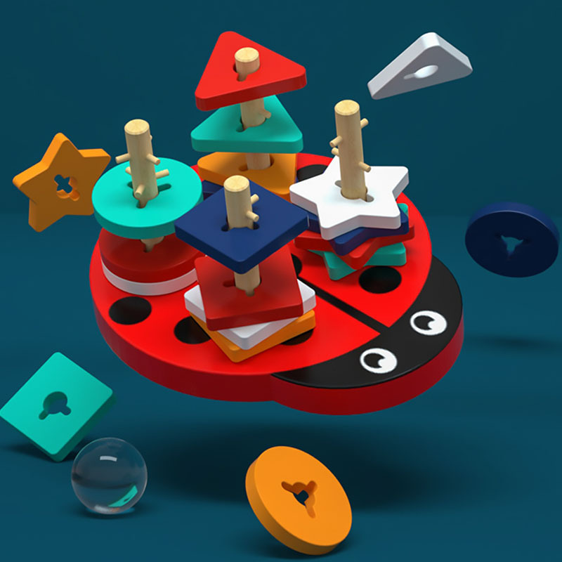 Montessori educación temprana ayuda didáctica bloques de construcción de columnas de cuatro conjuntos para niños forma geométrica educativa a juego escarabajo conjunto columna