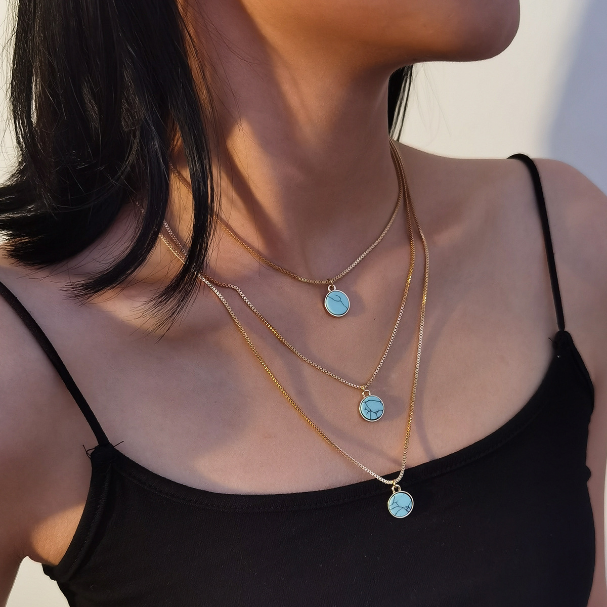 Fashion Retro Simple Multi-layer Turquoise Clavicle New Turquoise Alloy Necklace display picture 4