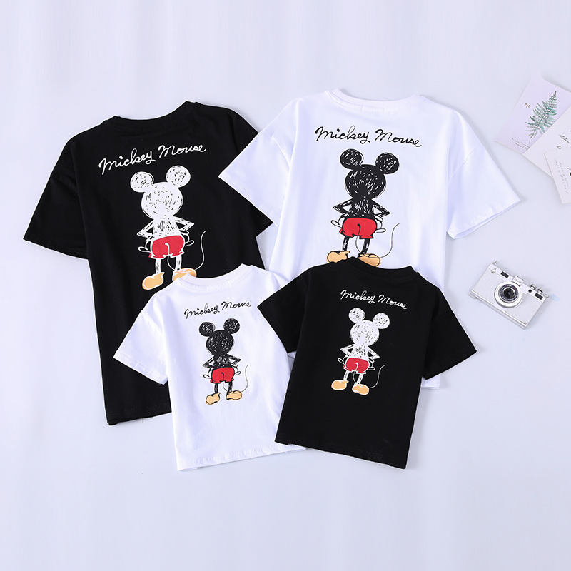 Summer new parent-child short sleeve family of four Mickey print round neck T-shirt Korean fashion sports black and white