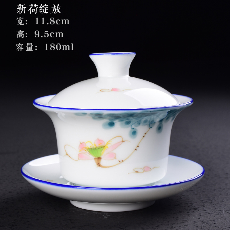 Cubierta pintada a mano Tazón Taza de té de cerámica juego de té de Kung Fu hogar tamaño pequeño Tazón de té Taza blanca tostada de porcelana Taza de té de tres piezas cubierta Tazón