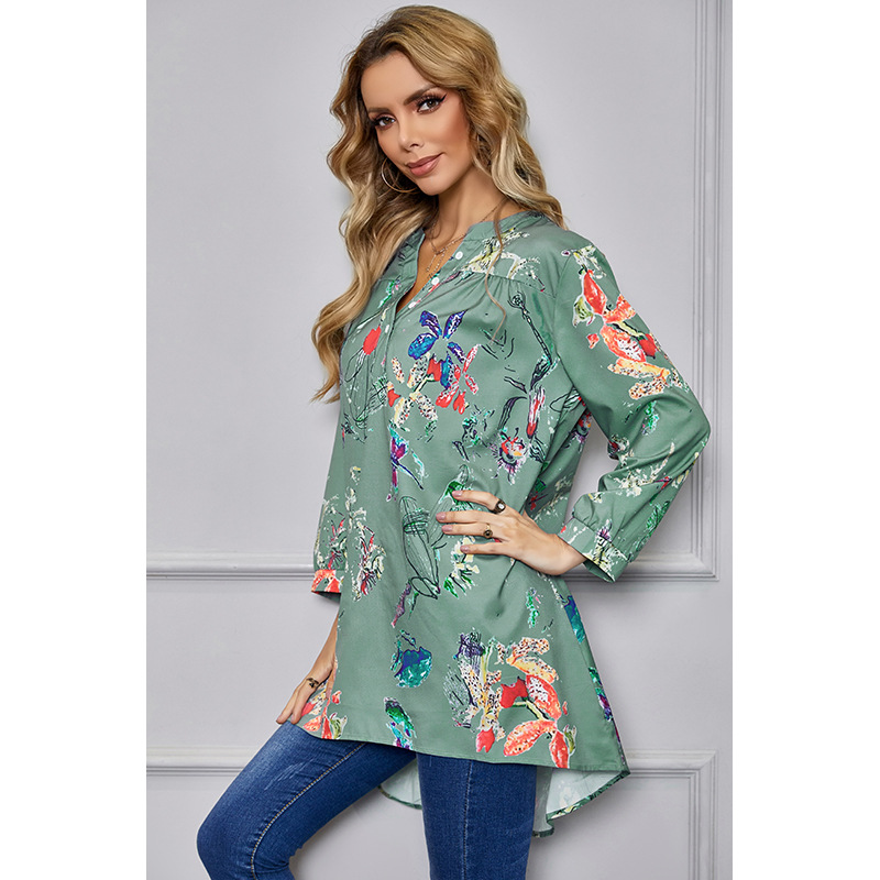 loose V-neck long-sleeved printed T-shirt  NSSA25940