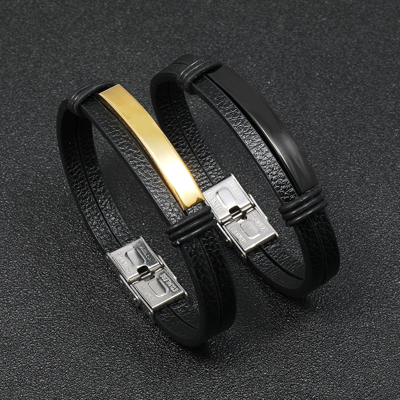 Simple Smooth Stainless Steel Men's Leather Bracelet display picture 12