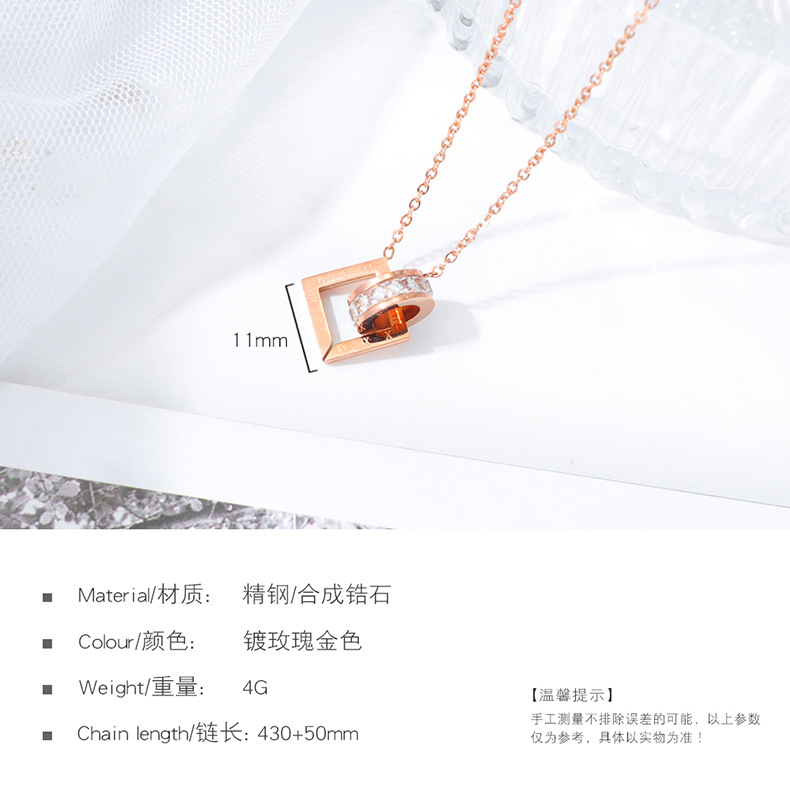 Korean Fashion Hot Sale Double Ring Zircon Pendant Classic Square Roman Numeral Clavicle Chain Ladies Stainles Wholesale Nihaojewelry display picture 8