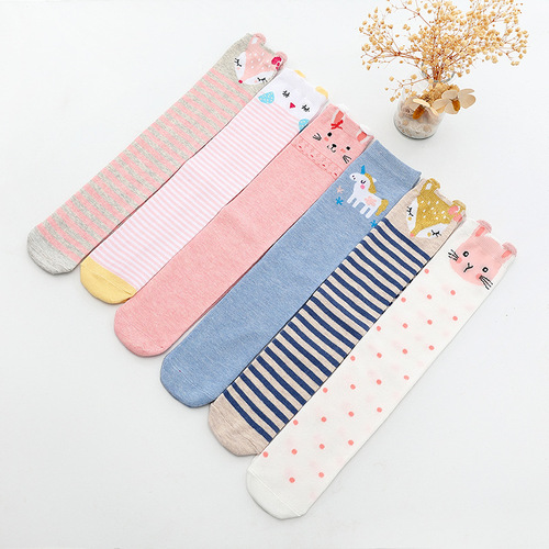 2020 spring and autumn new style European and American style cotton gold silk cartoon children's mid-calf socks straight no heel long over-the-knee socks