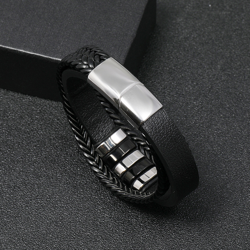 all-match menu0027s leather stainless steel woven punk PU bracelet