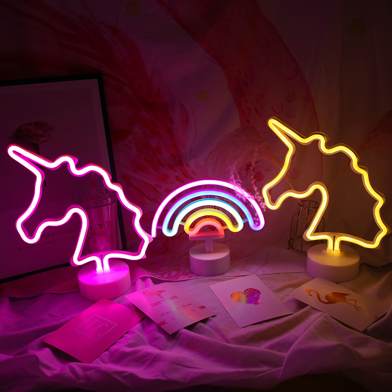 Transfronterizo ins chica corazón Arco Iris unicornio luz de neón dormitorio Decoración Luz de la noche decoración de la habitación lámpara de mesa regalo