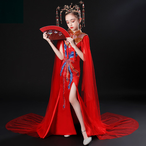 Girls phoenix performance cheongsam dresses child Chinese style Tang suit dress catwalk model show host dress performance costume trailing