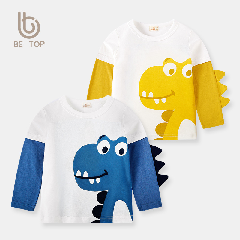 Serás las mejores ventas directas de fábrica de ropa para niños Nueva camisa de fondo para niños dinosaurio tridimensional de manga larga Camiseta entrega de una sola pieza