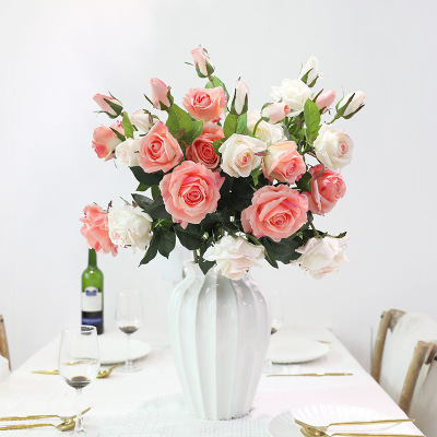 齐浩厂家直批 仿真手感3头平 安玫瑰花 仿真花装饰假花 预售