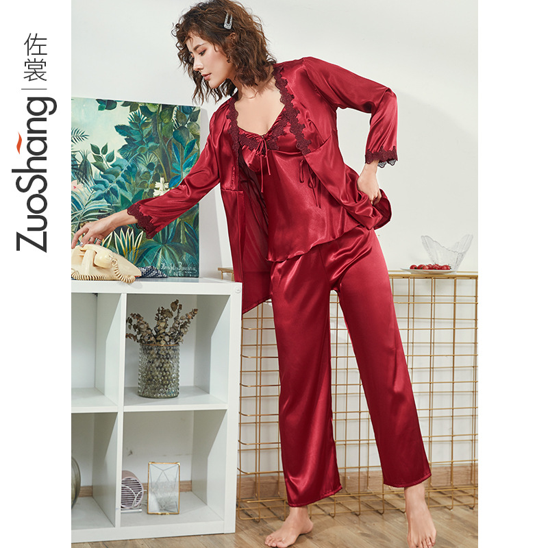 佐裳爆款纺真丝睡衣女士春秋长袖长裤三件套装大码家居服厂家批发|ru