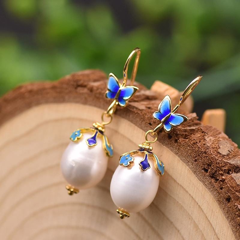 Gold Plated Plating Ethnic Style Clouds Flower Butterfly Pearl Copper Drop Earrings 1 Pair