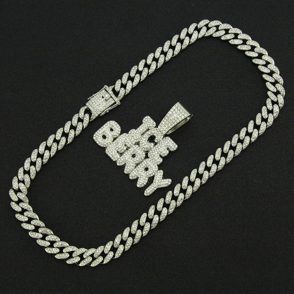 Hip-hop Stitching Full Diamond Letter Pendant Wide Cuban Chain Men's Domineering Necklace display picture 4