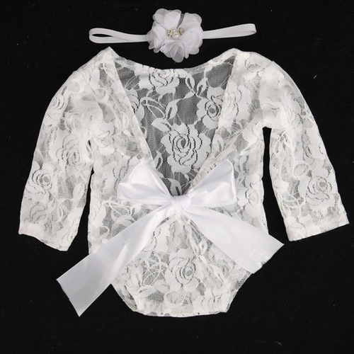 Newborn Photography Lace Dress with Bow Ties, Lace Dress with Hair Ties, Two-Piece Set Photo Prop