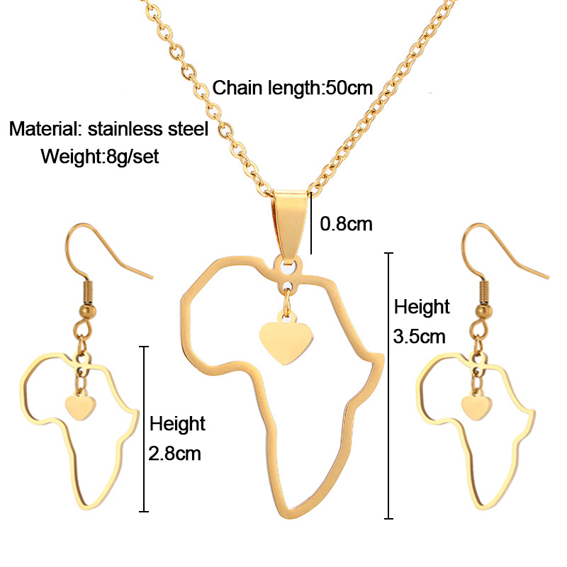 Fashion Africa Map Hip Hop Pendant Stainless Steel Necklace Earrings Two-Piece Set