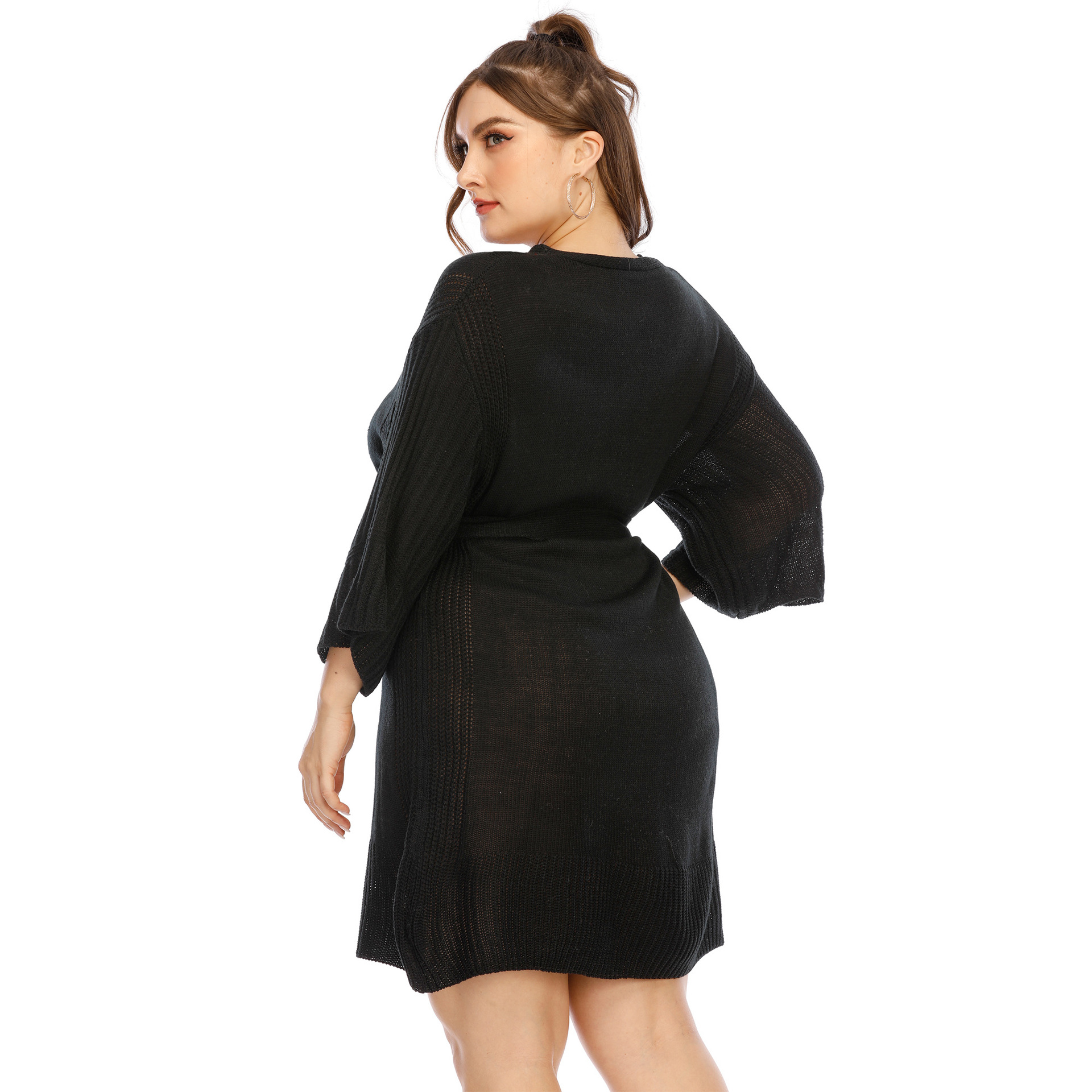 plus size flared sleeve waist tie sweater dress  NSOY28450