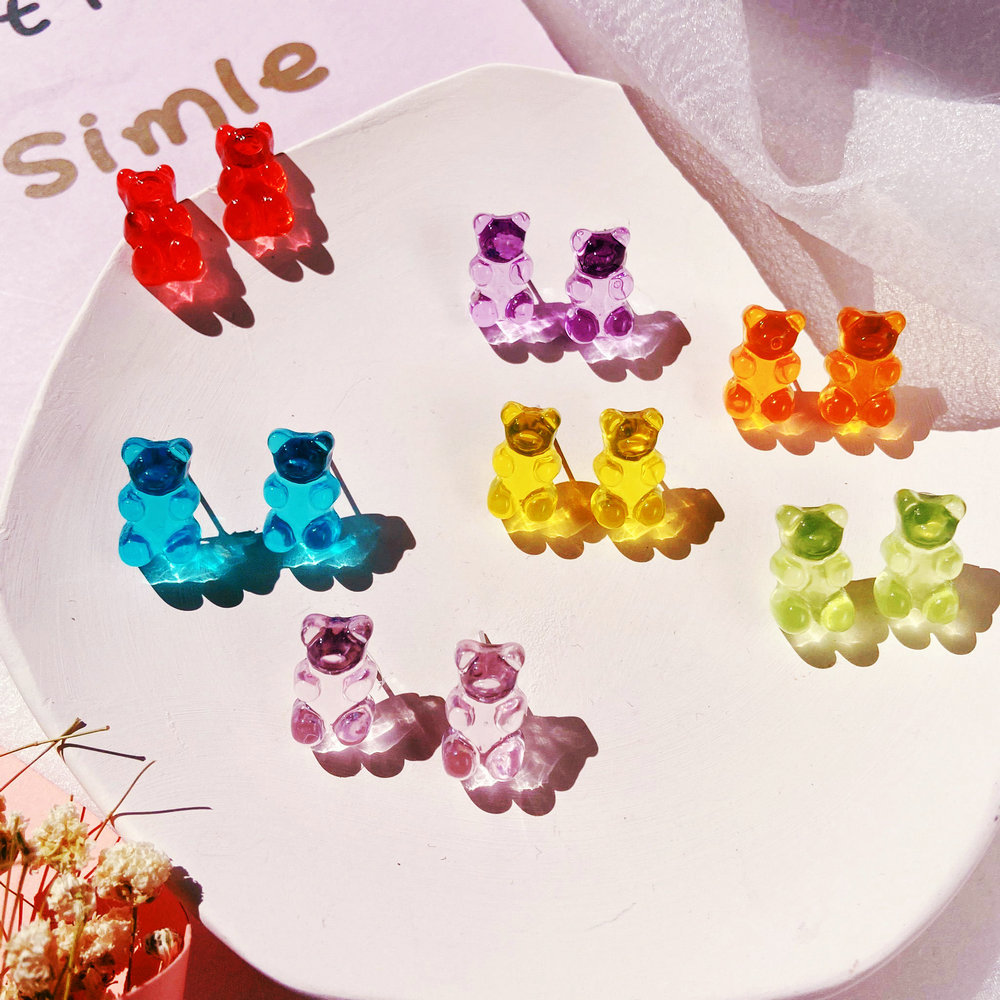 New Jelly Bear Candy Color Earrings Creative Retro Simple Solid Color Earrings For Women Wholesale display picture 2