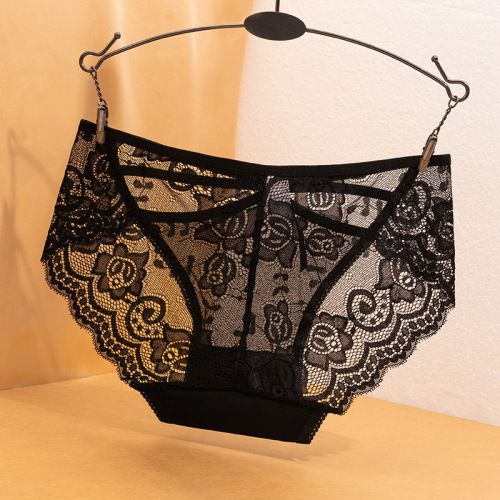 Black Temptation Series Underwear Women's Lace Girls Sexy Hot Transparent Hollow Women's Briefs Buttocks Cotton